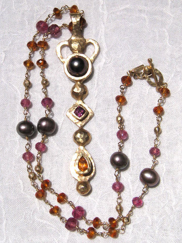 Pink Tourmaline Citrine Tahitian Pearl GoldBall Rapt Necklace/ Round Square Pear Sceptor