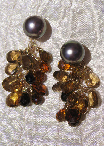 Mocha Button Pearl Tourmaline Cascade Earring(1.25")(14k)