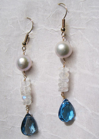 Pearl Rainbow Moonstone London Blue Topaz Teardrop Icicle Earring(14k)