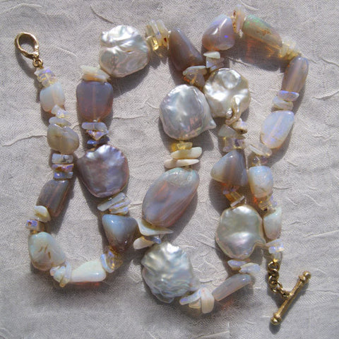 Opal Nugget Baroque Coin Pearl 17" Samba Necklace(18k)