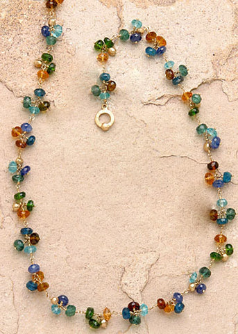 Mojave Rapt Double Drop KissMe Necklace (apatite/citrine/ c.diopside/sapphire/tourmaline)(14k)