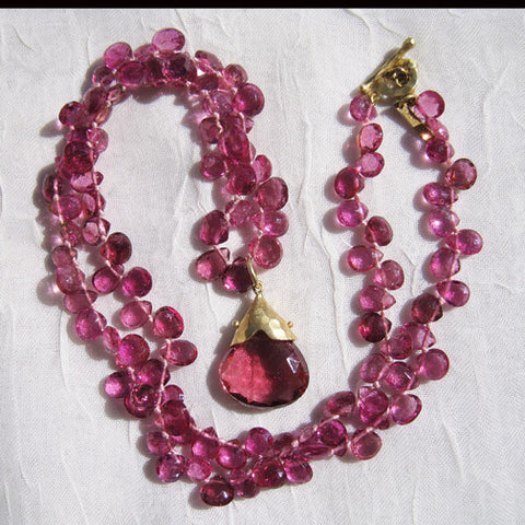 Hot Pink Tourmaline Ruffled Necklace, Teardrop Pear Pendant 17" Necklace(18k)