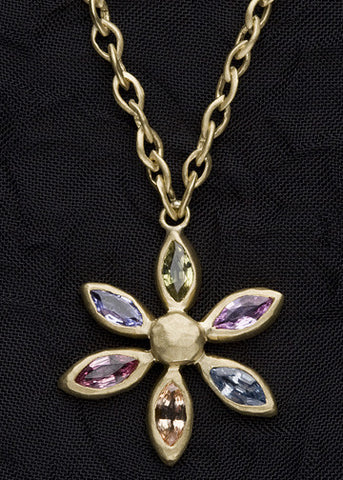 Multicolor Sapphire Flower Pendant MarquisChain Necklace(1.67ctw)(18k)