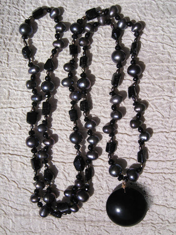 Midnight 36" Ramble Necklace Jet Eclipse Pendant (black coral/pearl/tourmaline)(14k)