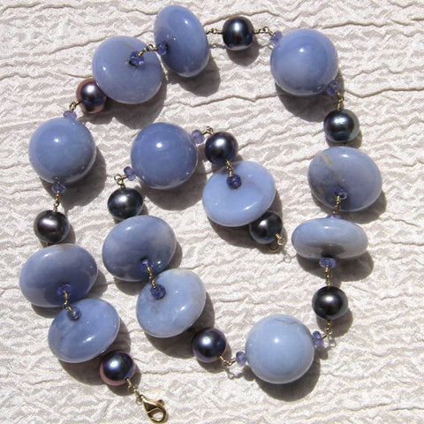 Smooth Chalcedony Iolite & Peacock Pearl Rapt 16" Concurrence(14k)