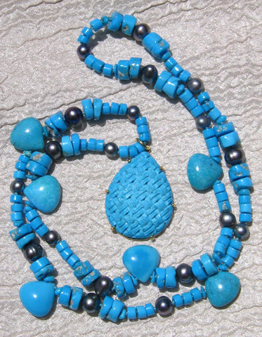 Sleeping Beauty Turquoise Disc/Pear/Pearl 22.in Necklace Large Woven Turquoise Pear