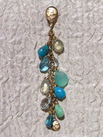 GoldPear SeaMix RainChain GoldPear Earring (apatite/aqua/chrysoprase/peru opal/phrenite/turquois