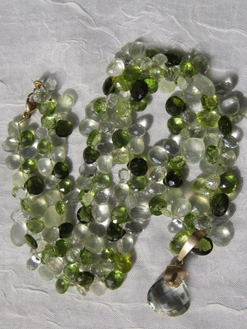 RainForest Pear TearDrop Ruffled Necklace / Mint Quartz Pendant (chrysoberyl/mint quartz/peridot/phr