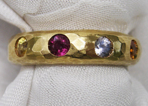 Hammered 10 Stone Rainbow Sapphire Ring