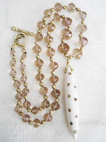 OneofaKind Champagne Quartz GoldBall 17" Necklace, Mammoth Ivory Icicle, Cognac Diamonds(.24ctw)(18k)