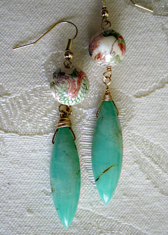 Chrysoprase Dragon Rapt Icicle Earring(14k)