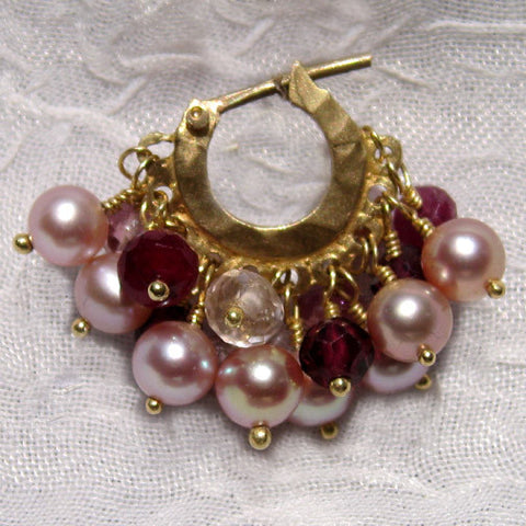 Eleuthera Double Fringe Baby Hoop(18k) (garnet/pearl/pink tourmaline/rose quartz)