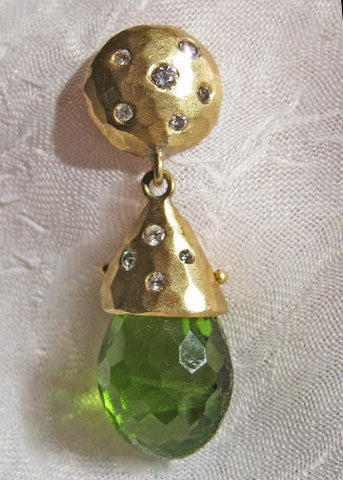 Diamond GoldDome GoldCone Rare Large Peridot TearDrop(10ctw) Earring(18k) (OneofaKind)