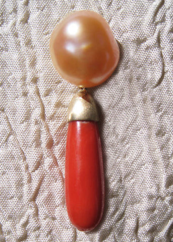 Large (12x14mm) Baroque Salmon Pearl Coral Teardrop (25mm) Earring(14k)