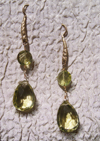 Lemon Quartz Coin TearDrop Hammerwire Earring(2.25")(14k)