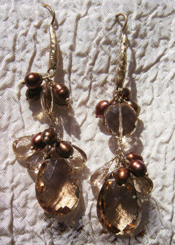 Large Champagne Quartz Coin Bronze Pearl TearDrop Earring(2.25")(14k)