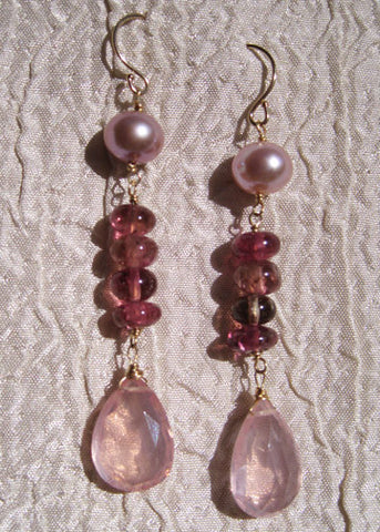 Peony Totem Earring (pearl/pk tourmaline/rose quartz)(2")(14k)