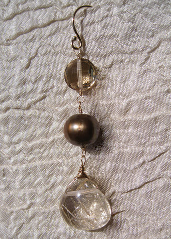 Mojave Dangle Earring (champagne quartz/pearl/rutile)(14k)