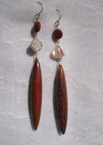Bloodwood Coin Pearl Icicle Earring(3.75")(14k)