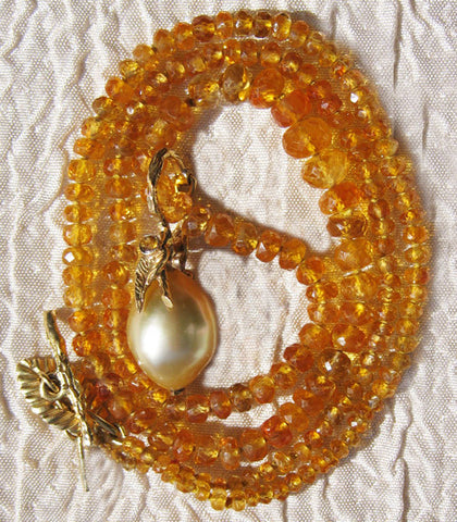 Yellow Sapphire 18" Necklace/ Golden South Sea Pearl Pendant(18k)