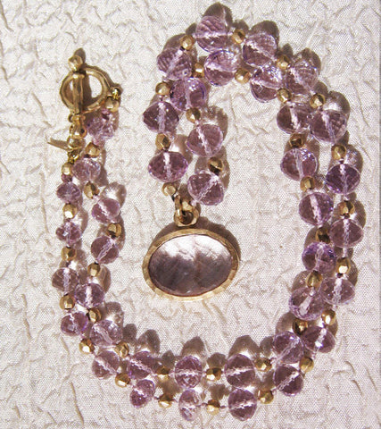Pink Amethyst GoldBall Strung Necklace Horizoval Pendant(14k)