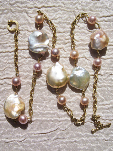 Baroque Coin & Pastel Cultured Pearl MarquisChain 16" Necklace(18k)