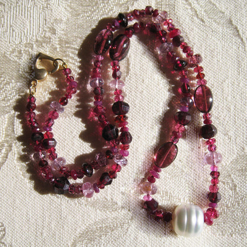 RedPink 16" Ramble Necklace, Double Halo Southsea Pearl, Heart(garnet/pink tourmaline/ruby/spinel)(14k)
