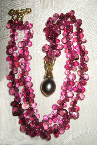 Seriously Fine Pink Tourmaline RainDrop Necklace, Tahitian Pearl Pendant(14k)