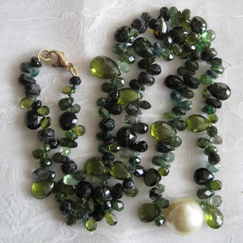 OneofaKind Verdant Tourmaline Dewdrop Bosc Pear 17" Orchard, Southsea Pearl(14k)