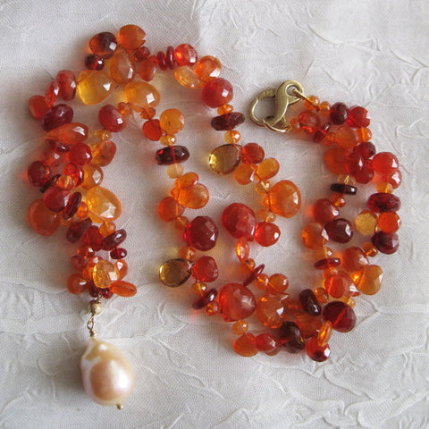 Fire Opal 16" OneofaKind Western Sunset Necklace, Baroque Pearl(14k)