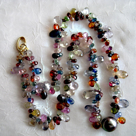 OneofaKind Autumn 16" Sapphire Teardrop Necklace, Blushing Tahitian Pearl(14k)