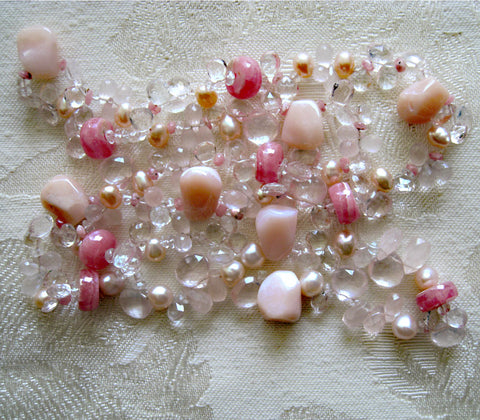 Peony 26" Primrose Pebble OneofaKind Necklace (morganite/opal/pearl/rhodocrosite/rose quartz)