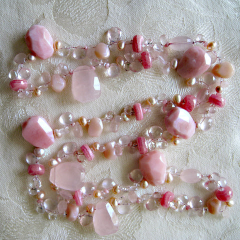 Peony 32" PrimrosePath Necklace (morganite/opal/pearl/rhohocrisite/rose quartz)